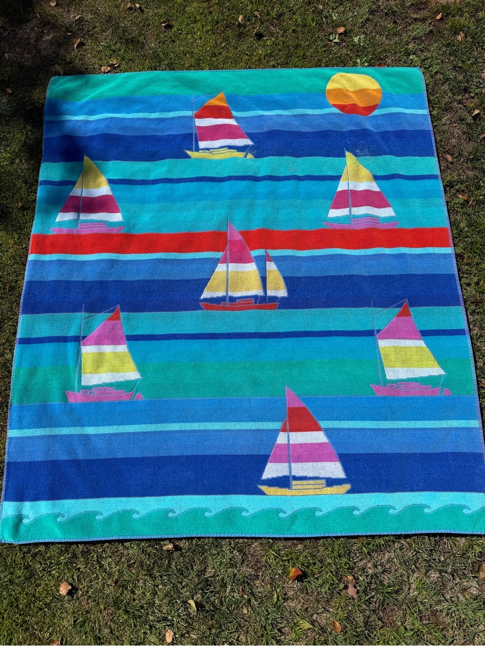 VTG TerriSol Retro Sailboat Oversized Beach Towel Blanket 100% Cotton 54” x 61”